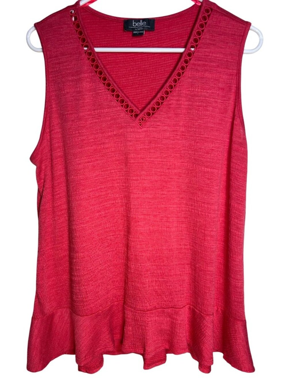 Belle By Belldini Womens Coral Sleeveless V-Neck Top With Eyelet Trim Ruffle Hem
